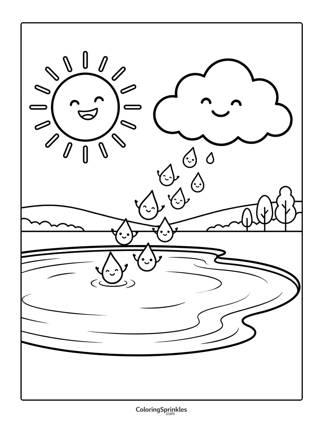 Coloring page of happy water drops falling from a cloud into a lake with a smiling sun