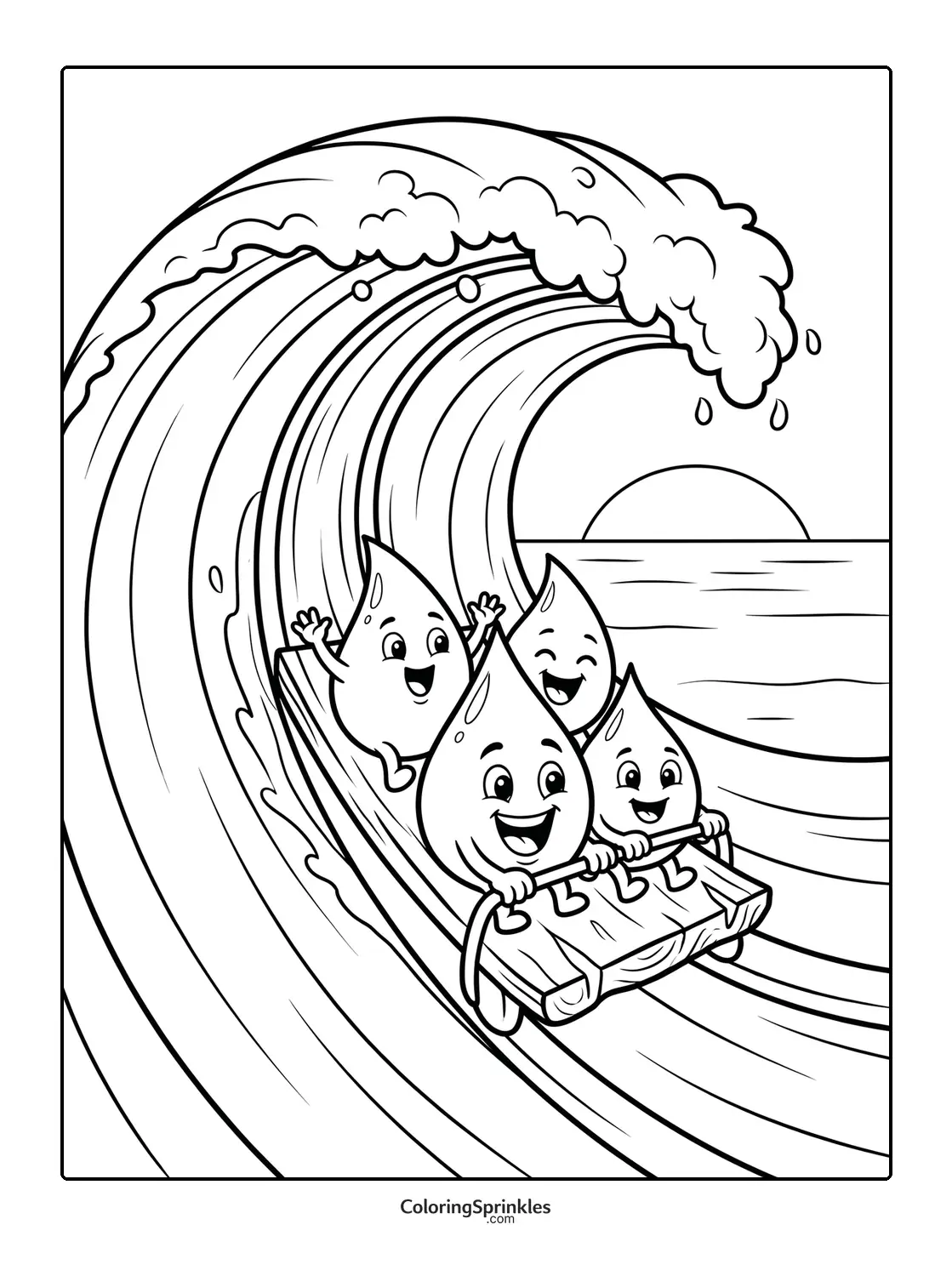 Coloring page of water drops rafting on a wave at sunset