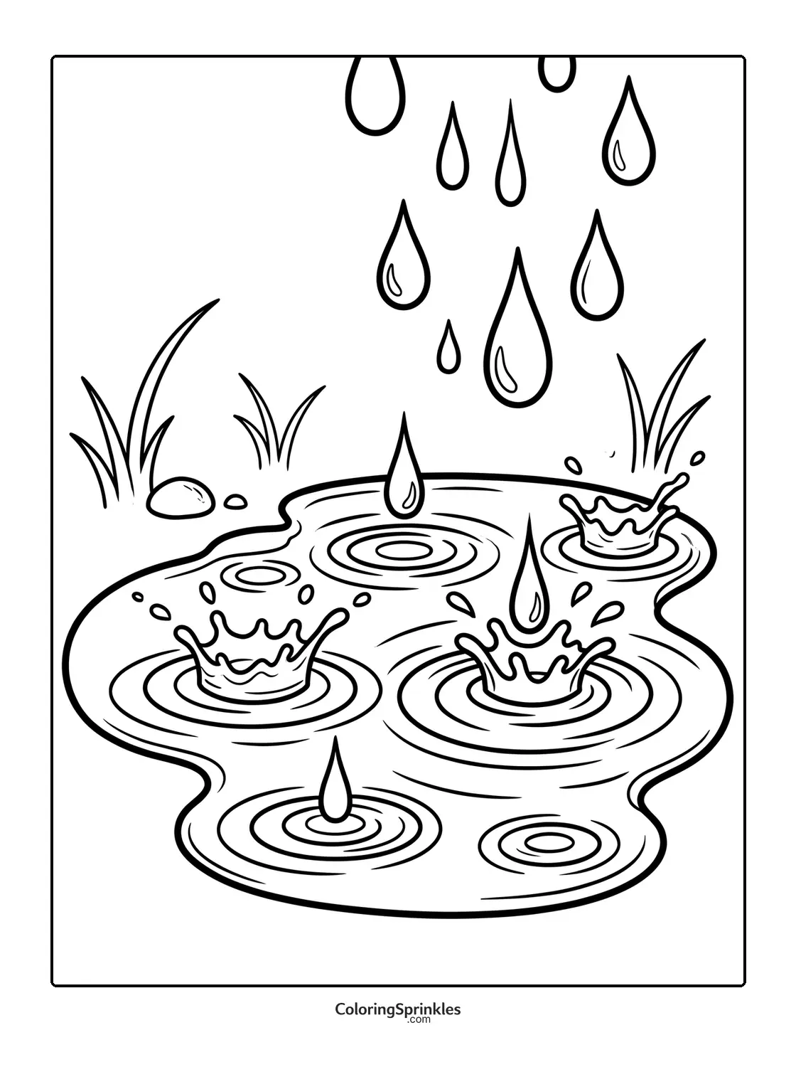Coloring page of water drops falling into a puddle with ripples and grass