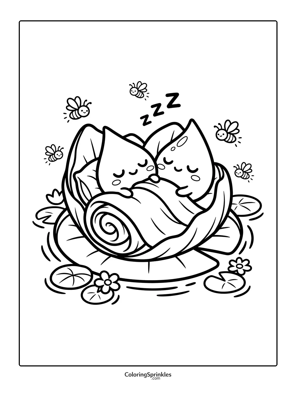 Coloring page of two water drops sleeping on a lily pad with bees