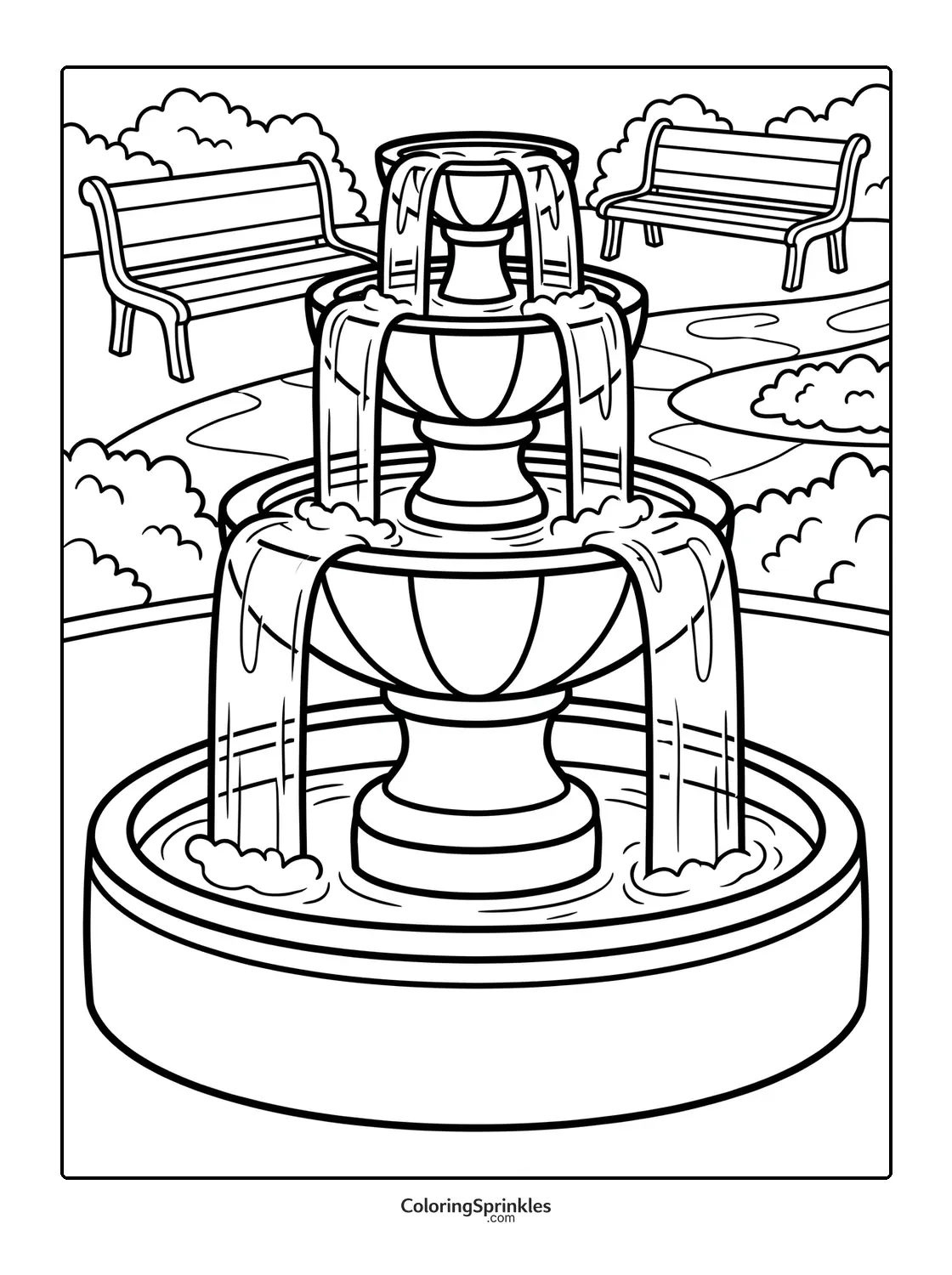 Coloring page of a water fountain in a park with benches and bushes