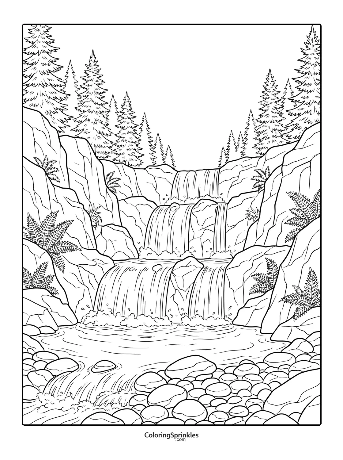 Coloring page of a waterfall flowing through rocks with pine trees