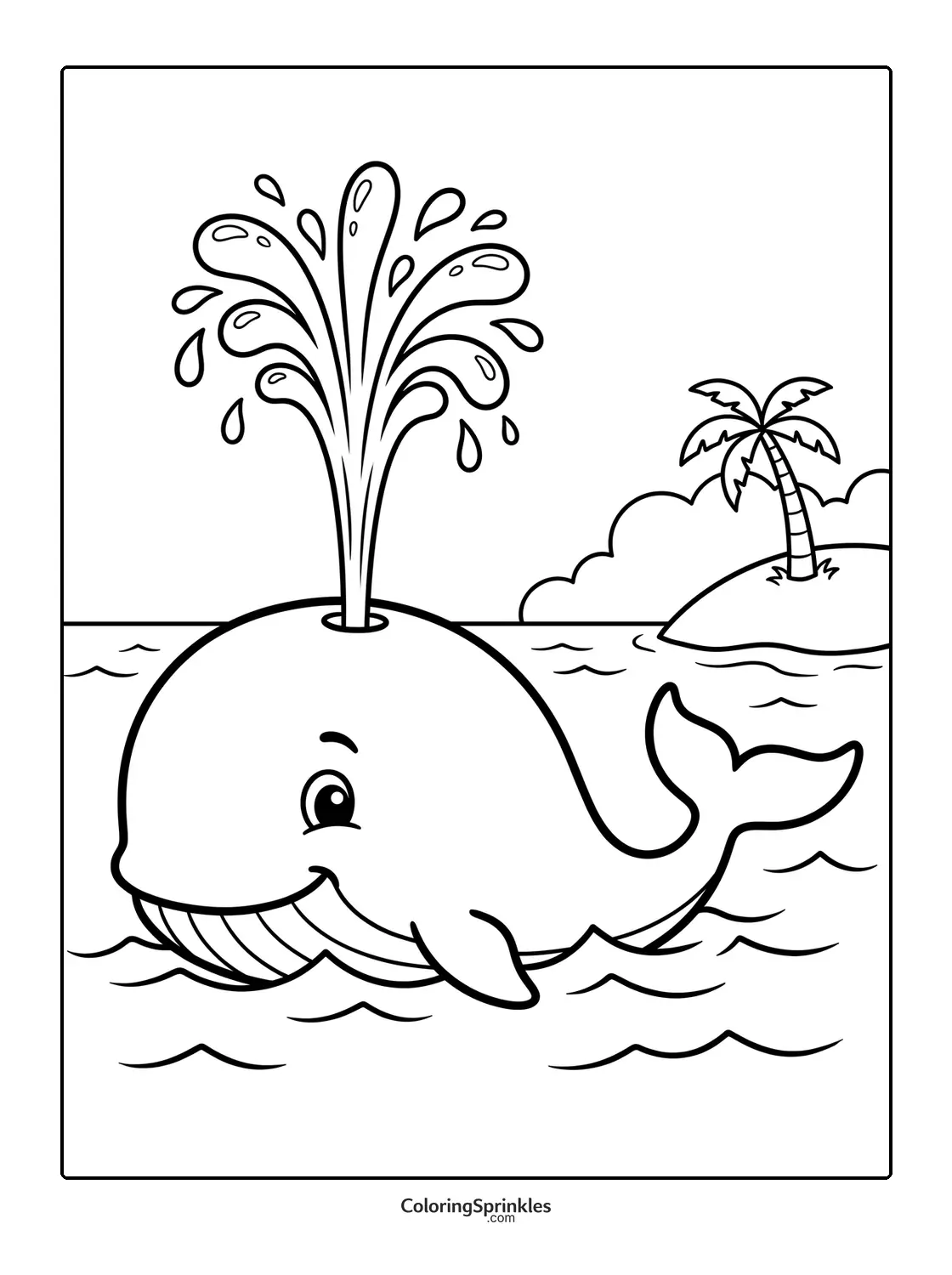 Coloring page of a whale spouting water near an island with a palm tree