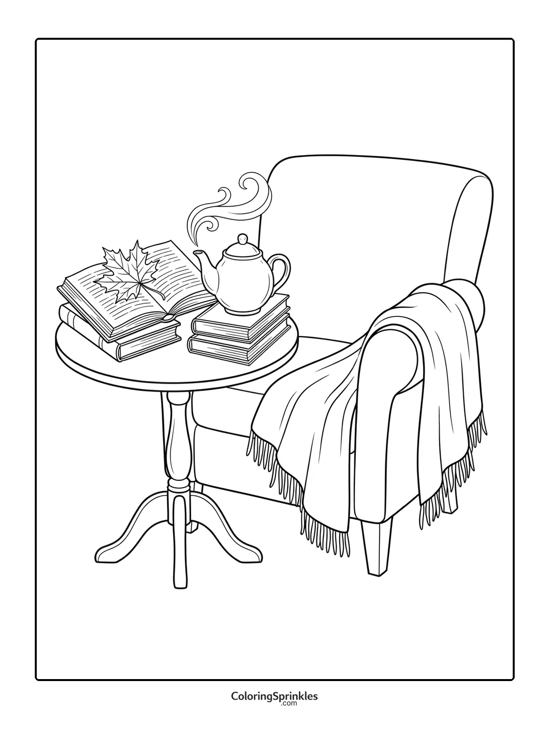 Coloring page of an armchair with a blanket and a table with books and a steaming teapot