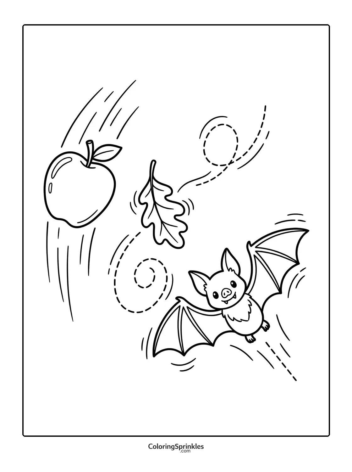Coloring page of a bat flying near a falling apple and leaf