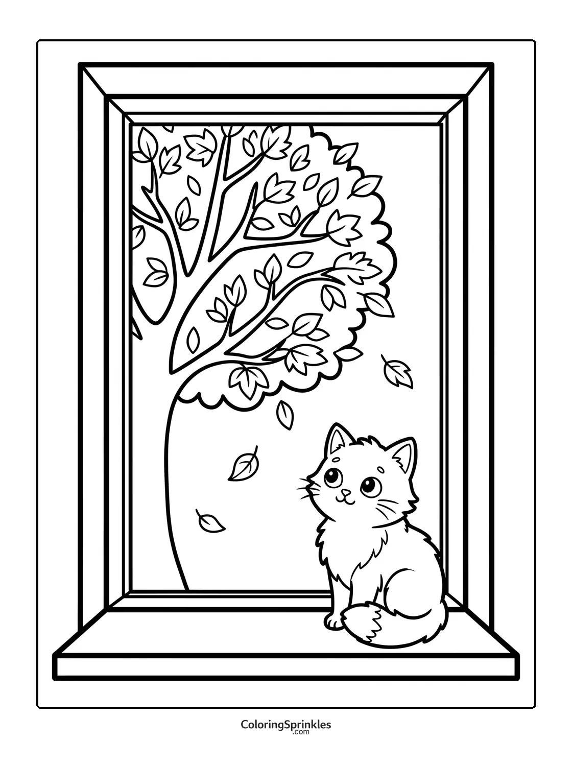 Coloring page of a cat sitting on a window sill looking at falling leaves from a tree