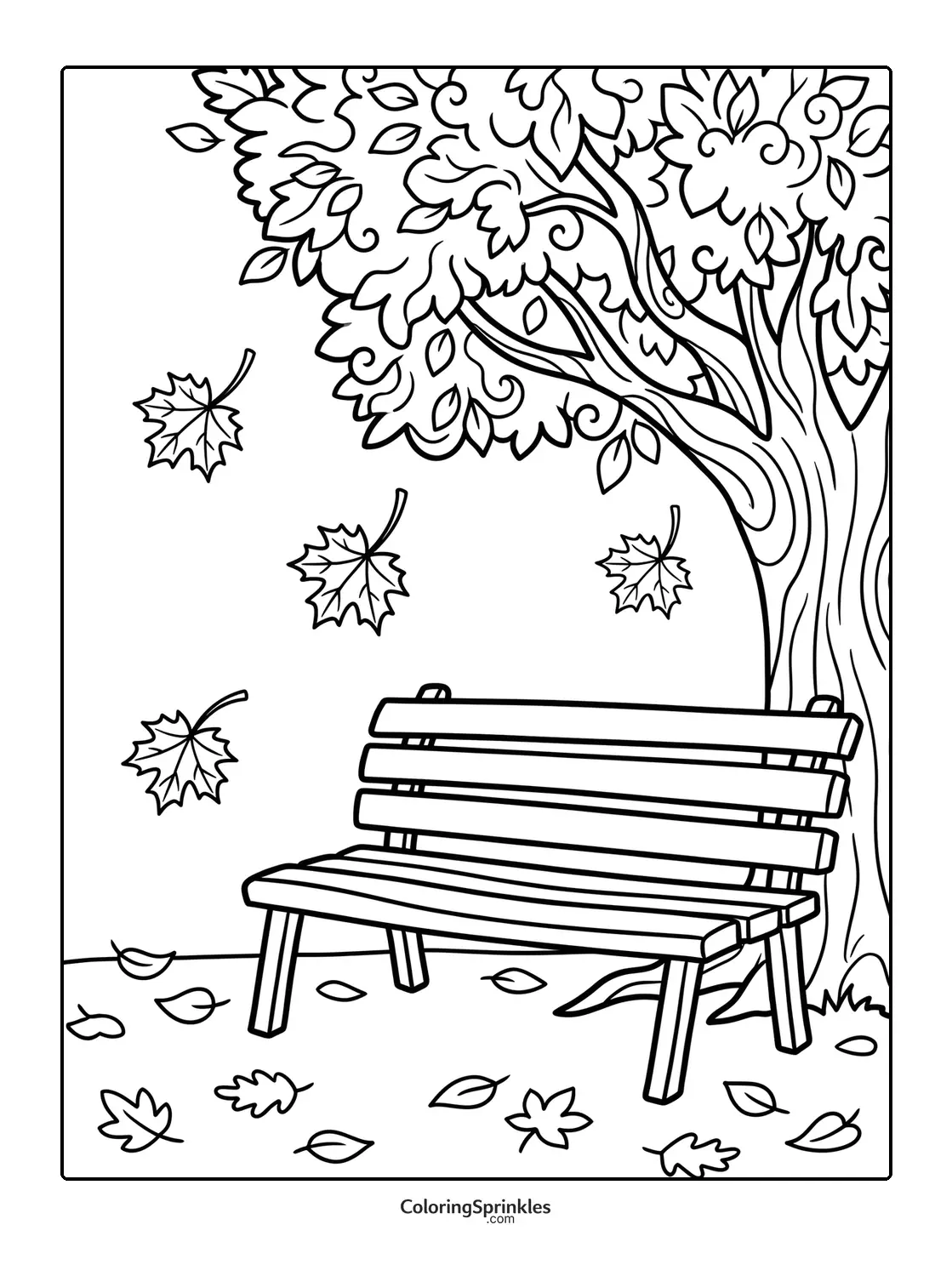 Coloring page of a bench under a tree with falling leaves in fall
