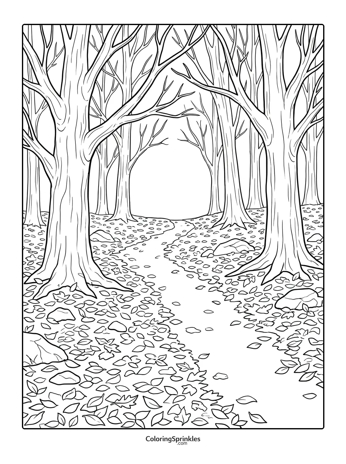 Coloring page of a fall forest path covered with leaves and surrounded by bare trees