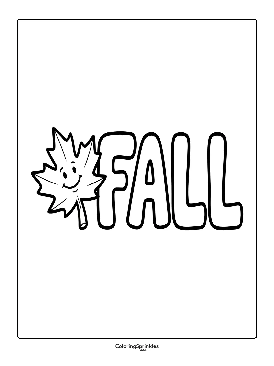 Coloring page of the word fall with a smiling leaf
