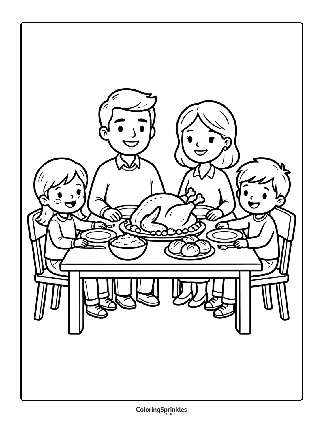 Coloring page of a family having Thanksgiving dinner with a turkey