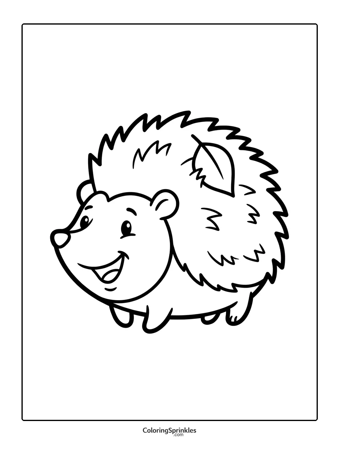 Coloring page of a smiling hedgehog with a leaf on its back