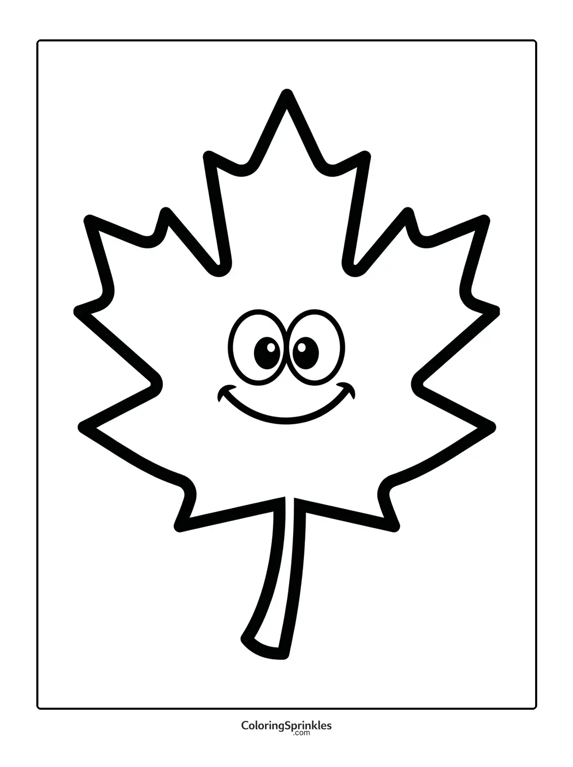 Coloring page of a smiling maple leaf