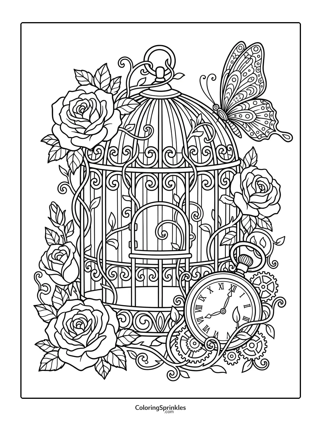 Coloring page of a decorative birdcage with roses, a butterfly, and a pocket watch with gears