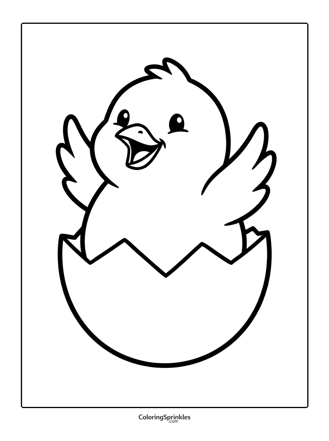 Coloring page of a happy chick hatching from an egg