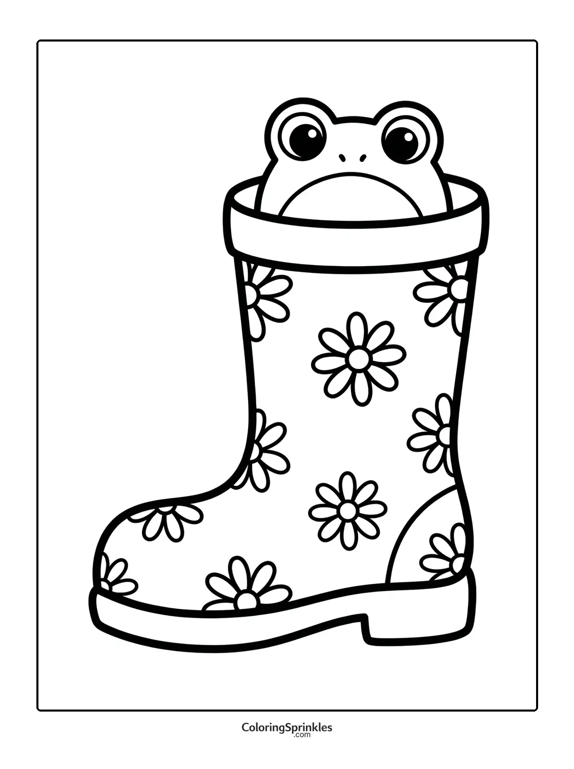 Coloring page of a frog peeking out of a flower patterned rain boot