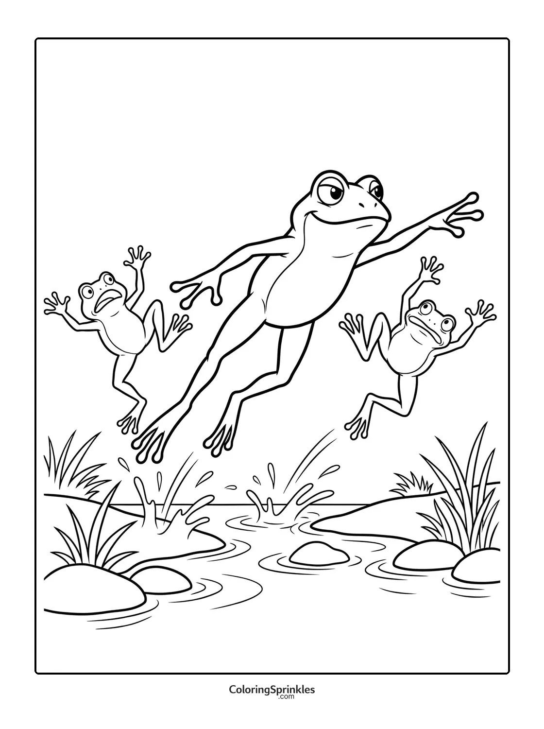 Coloring page of frogs jumping over a pond with splashing water