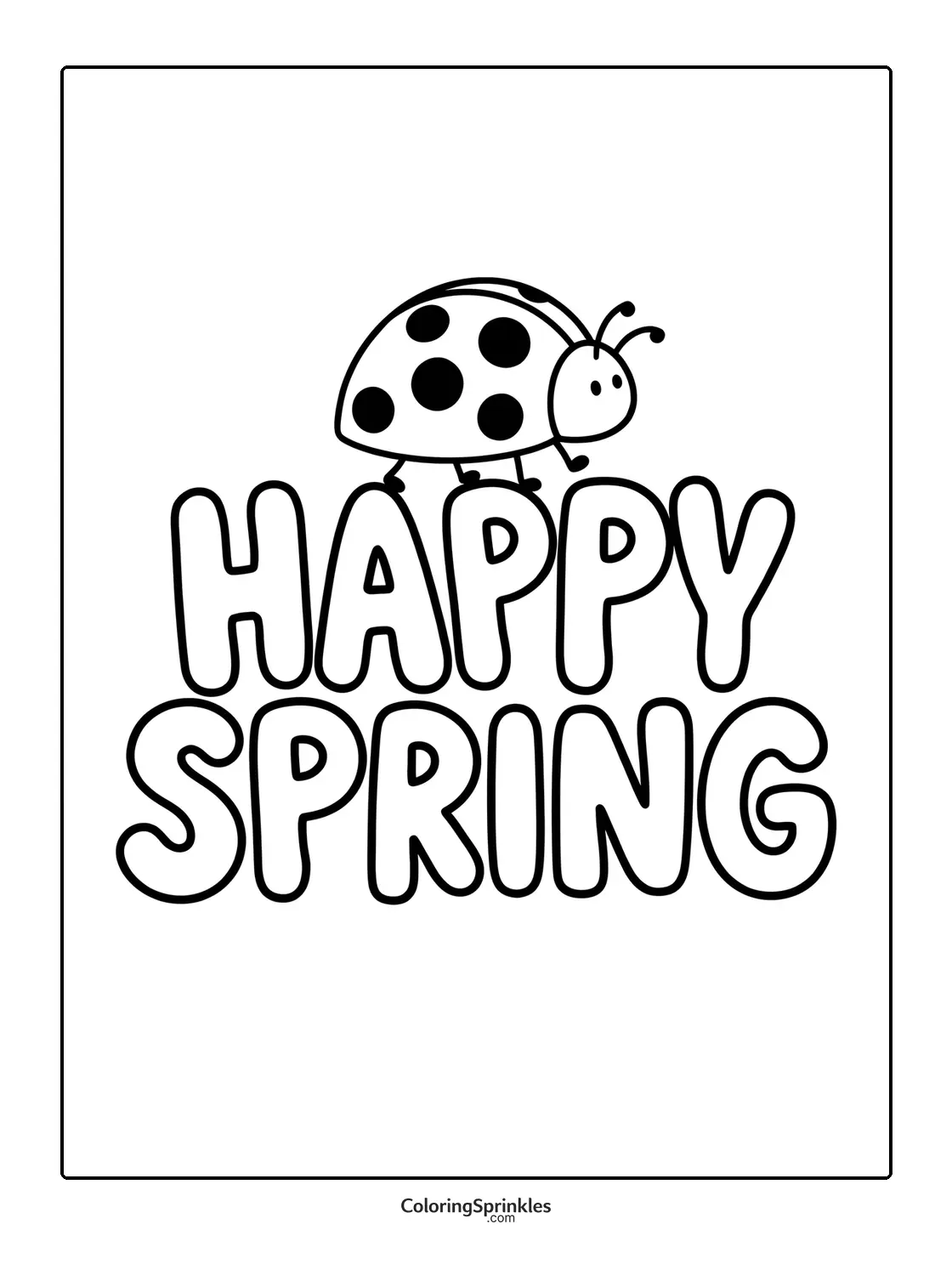 Coloring page of happy spring text with a ladybug
