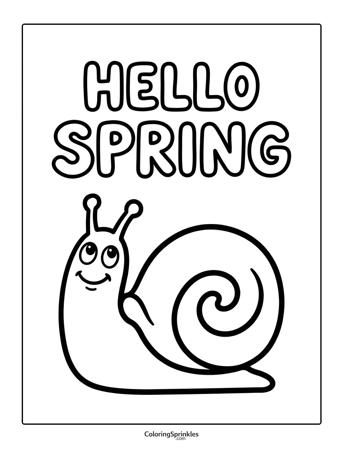 Coloring page of a smiling snail with hello spring text