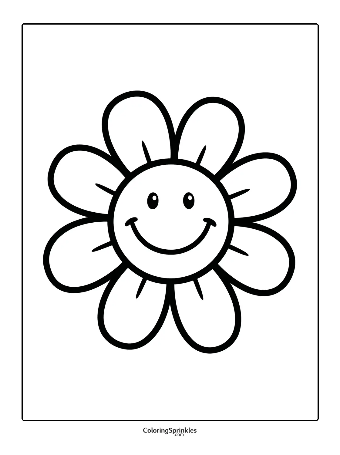 Coloring page of a smiling flower with simple petals