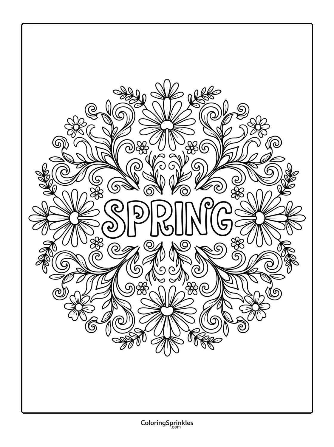 Coloring page of a spring floral pattern with flowers and leaves