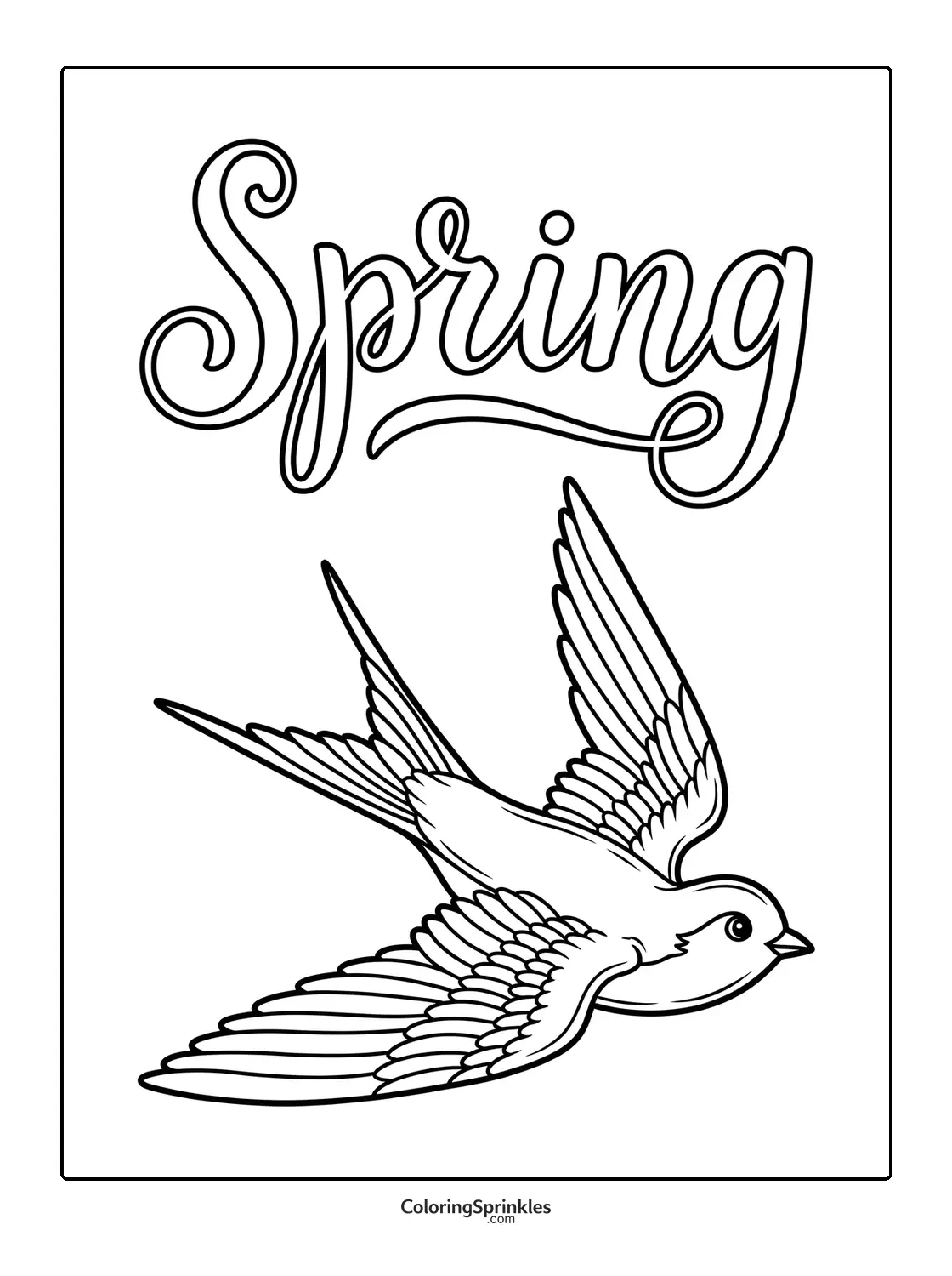 Coloring page of a flying bird with spring calligraphy