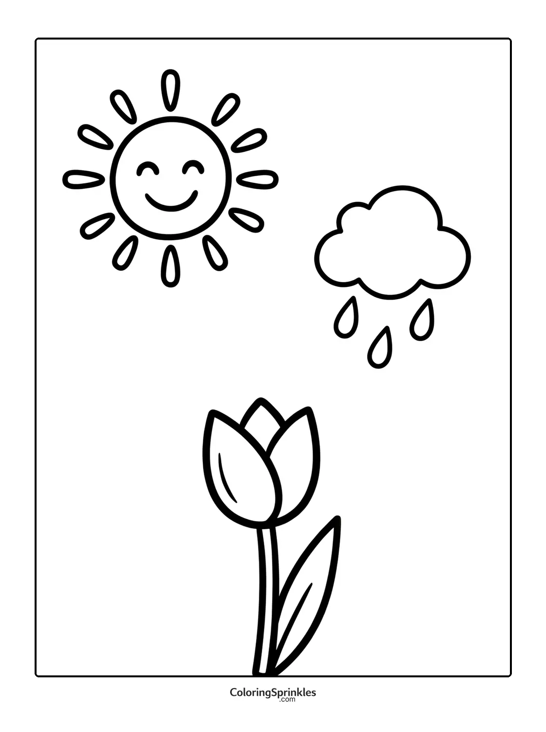 Coloring page of a smiling sun, rain cloud, and tulip flower