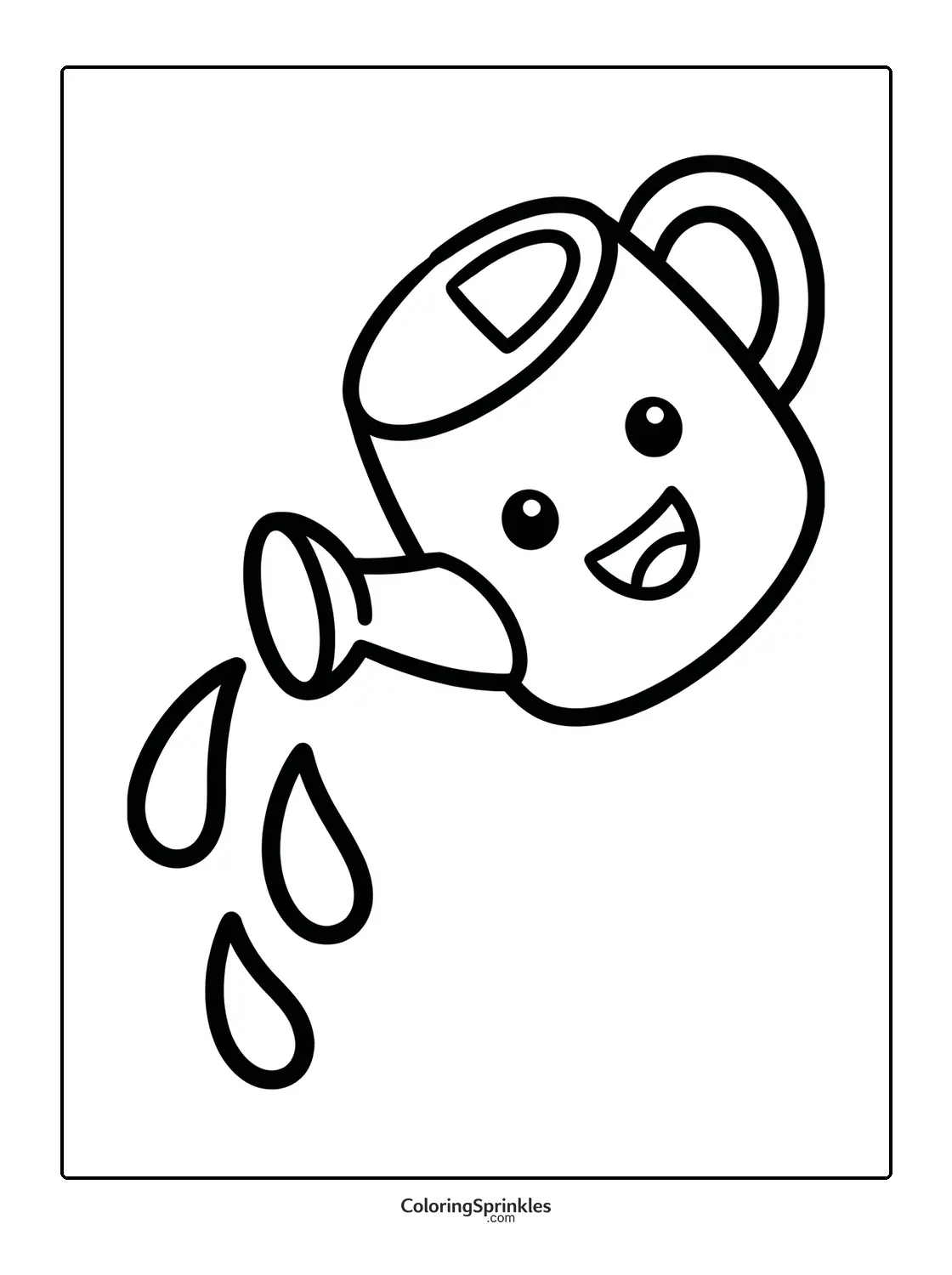 Coloring page of a happy watering can pouring water drops