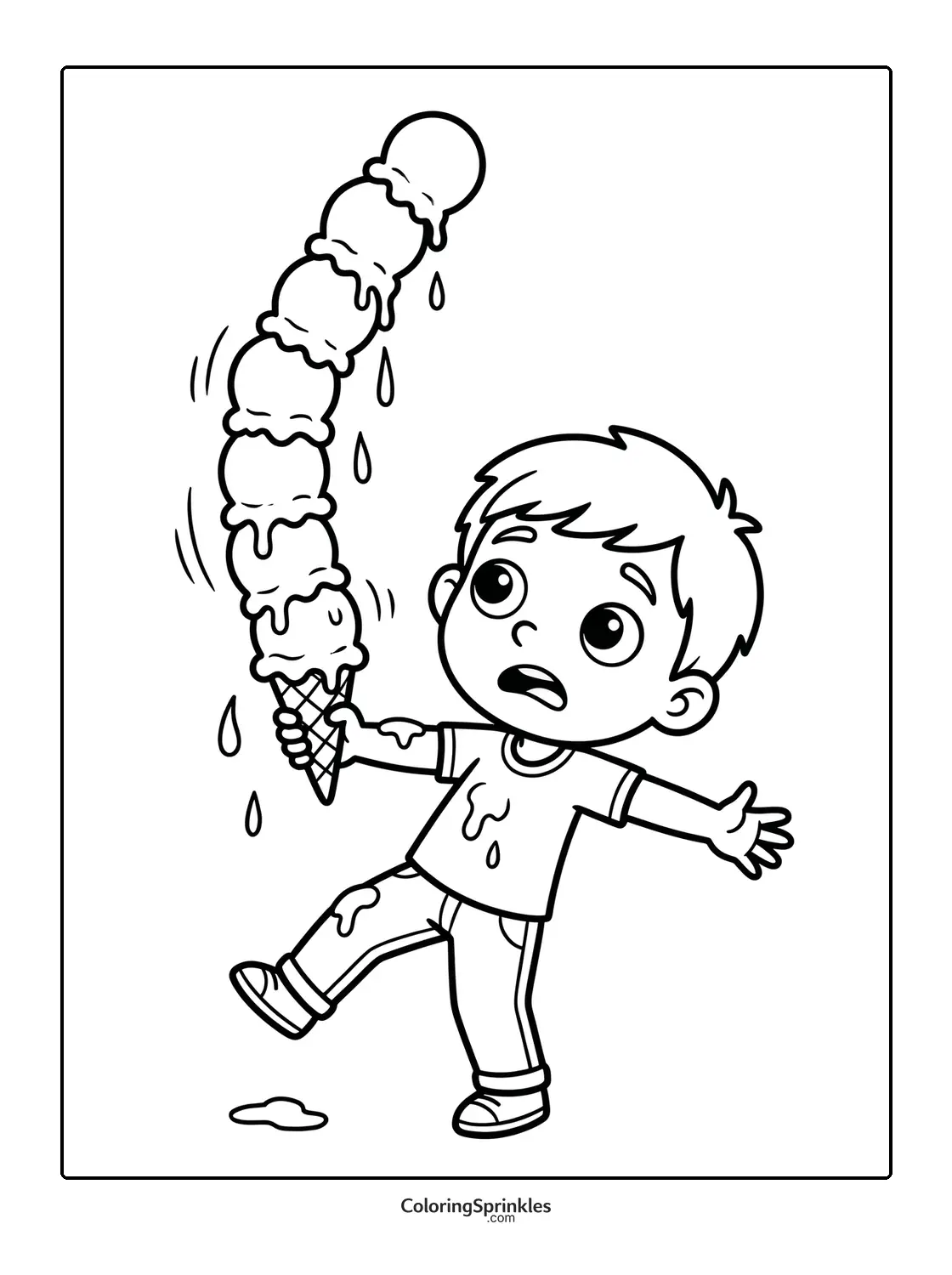 Coloring page of a boy dropping a melting ice cream cone