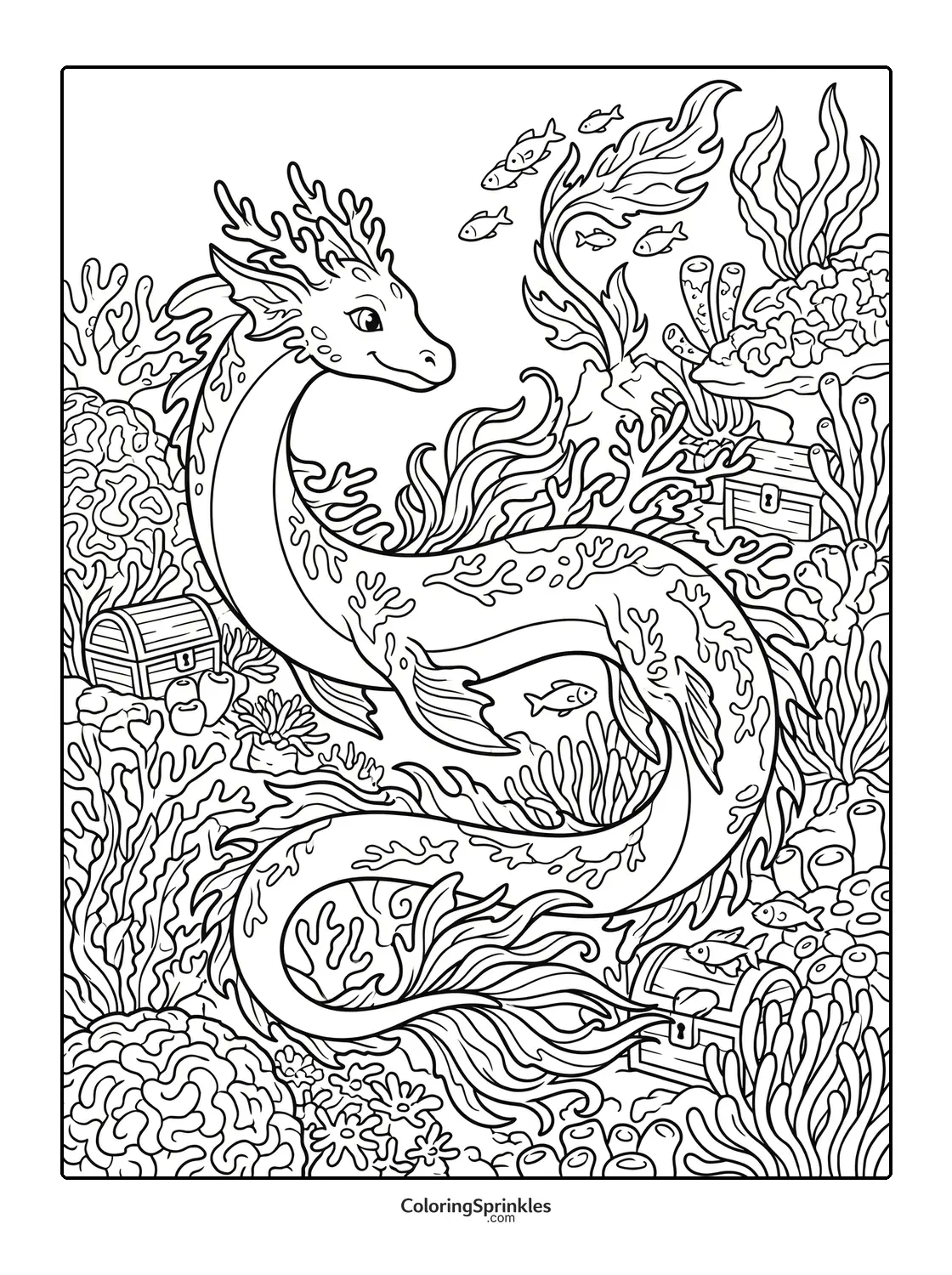 Coloring page of a sea dragon swimming underwater near treasure chests and coral
