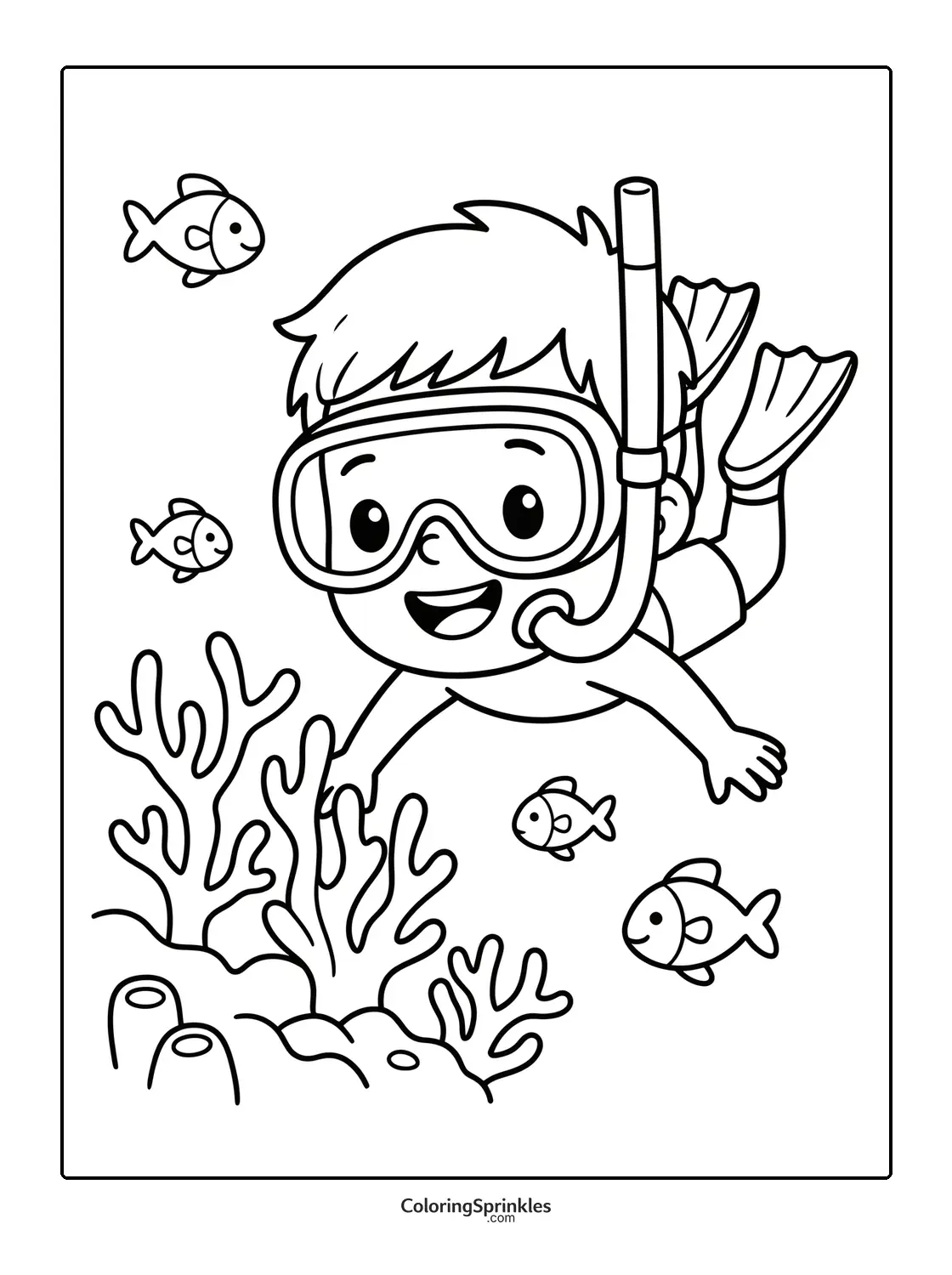 Coloring page of a boy snorkeling among fish and coral reef
