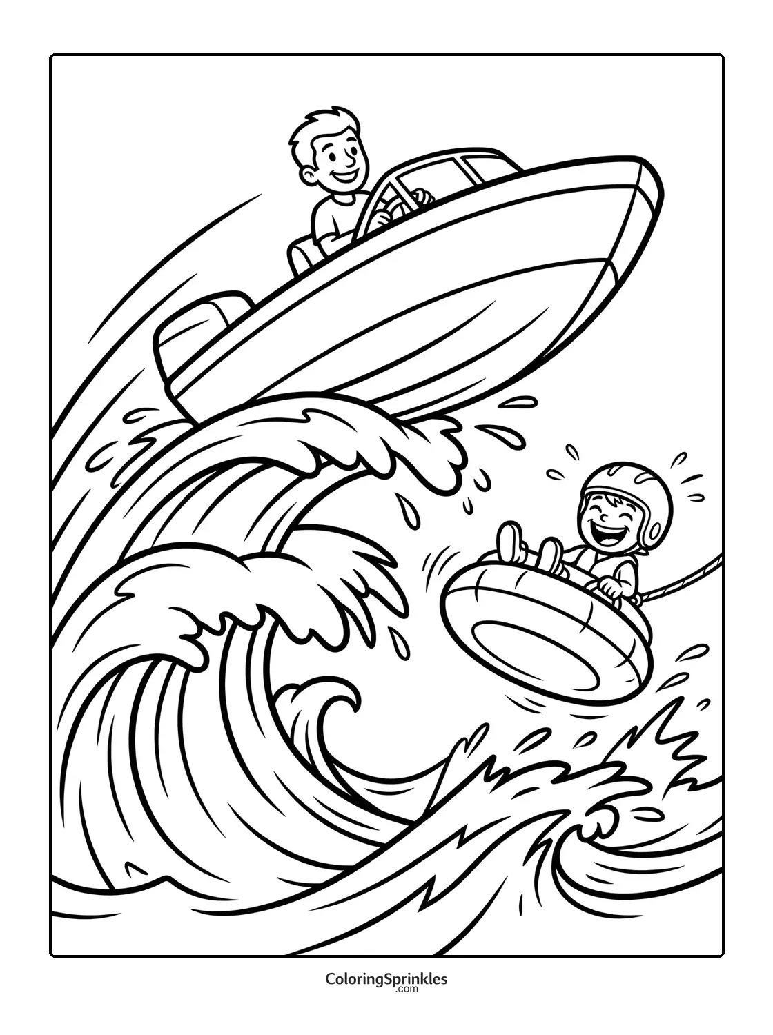 Coloring page of a speedboat pulling a child tubing on waves