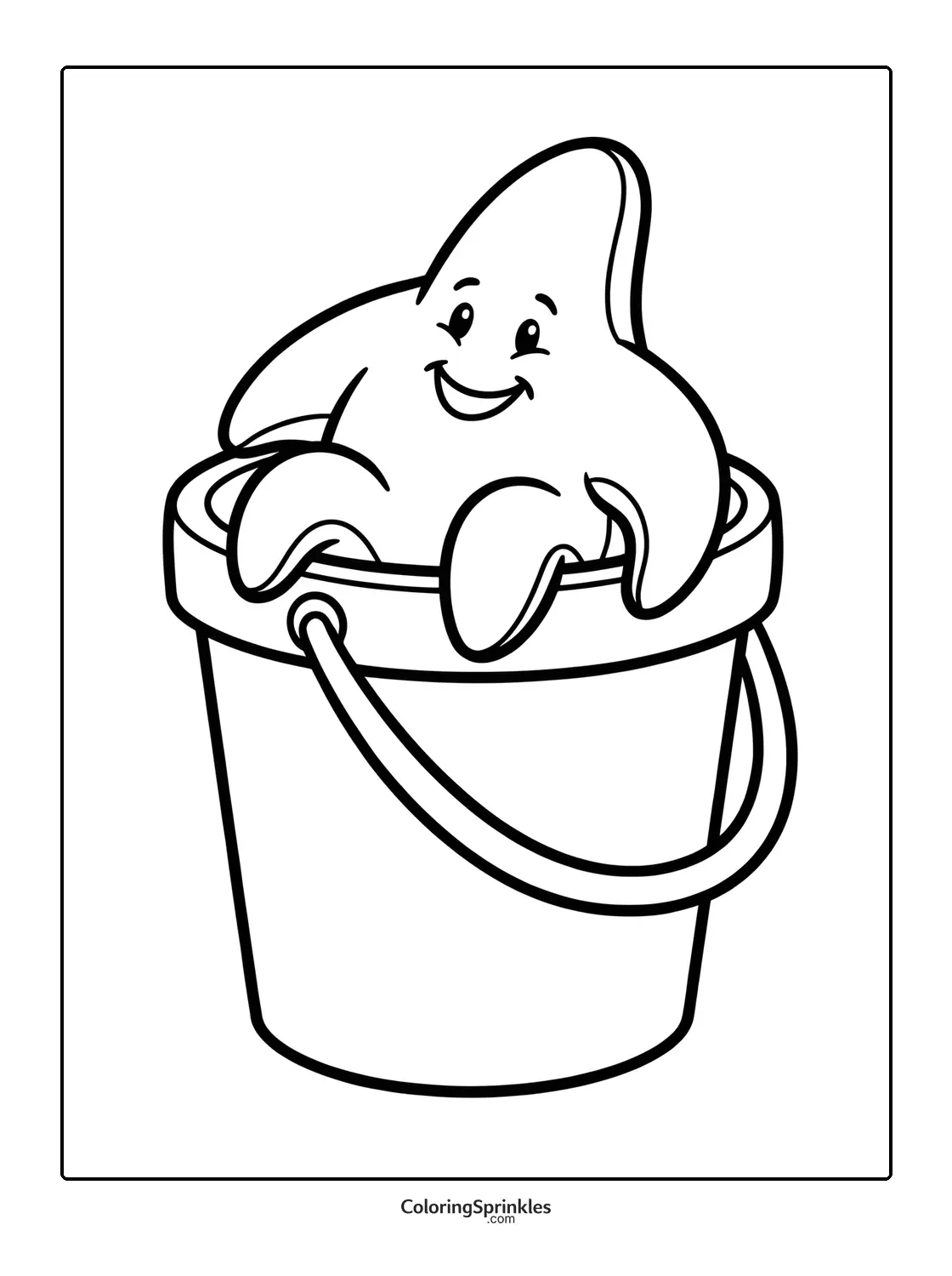 Coloring page of a smiling starfish sitting in a bucket