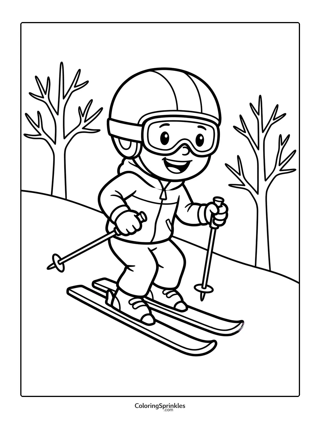 Coloring page of a child skiing down a hill with trees
