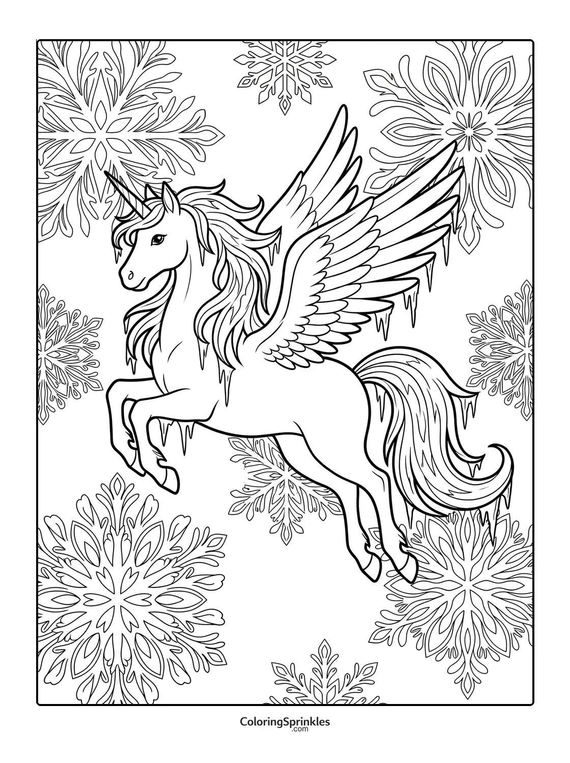 Coloring page of a winged unicorn with icicles and snowflakes