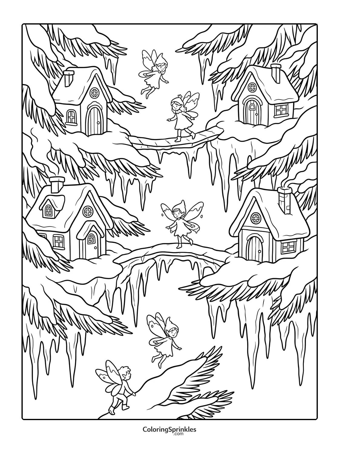 Coloring page of winter fairies crossing ice bridges between snowy cottages