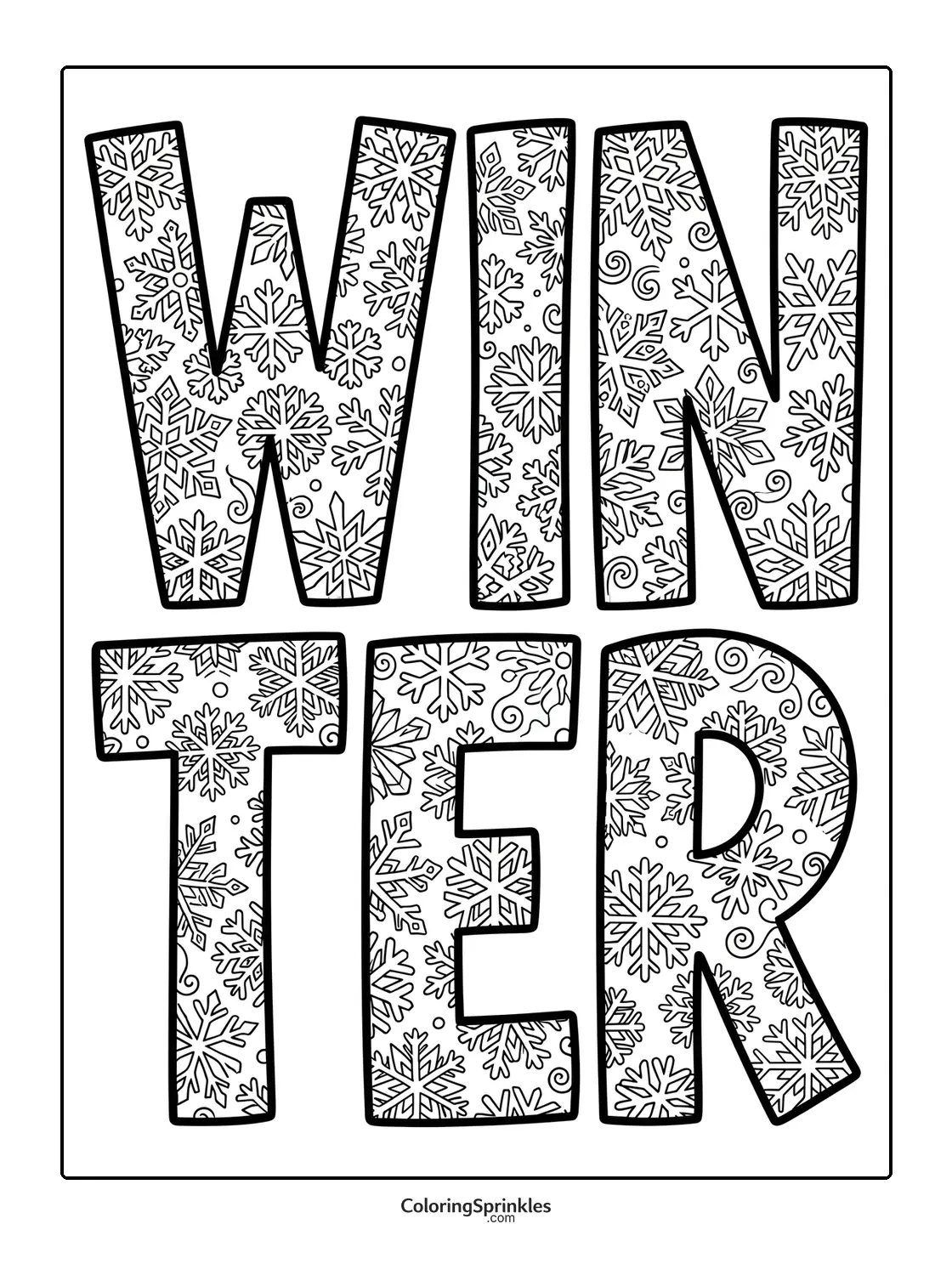 Coloring page of the word winter filled with snowflake patterns