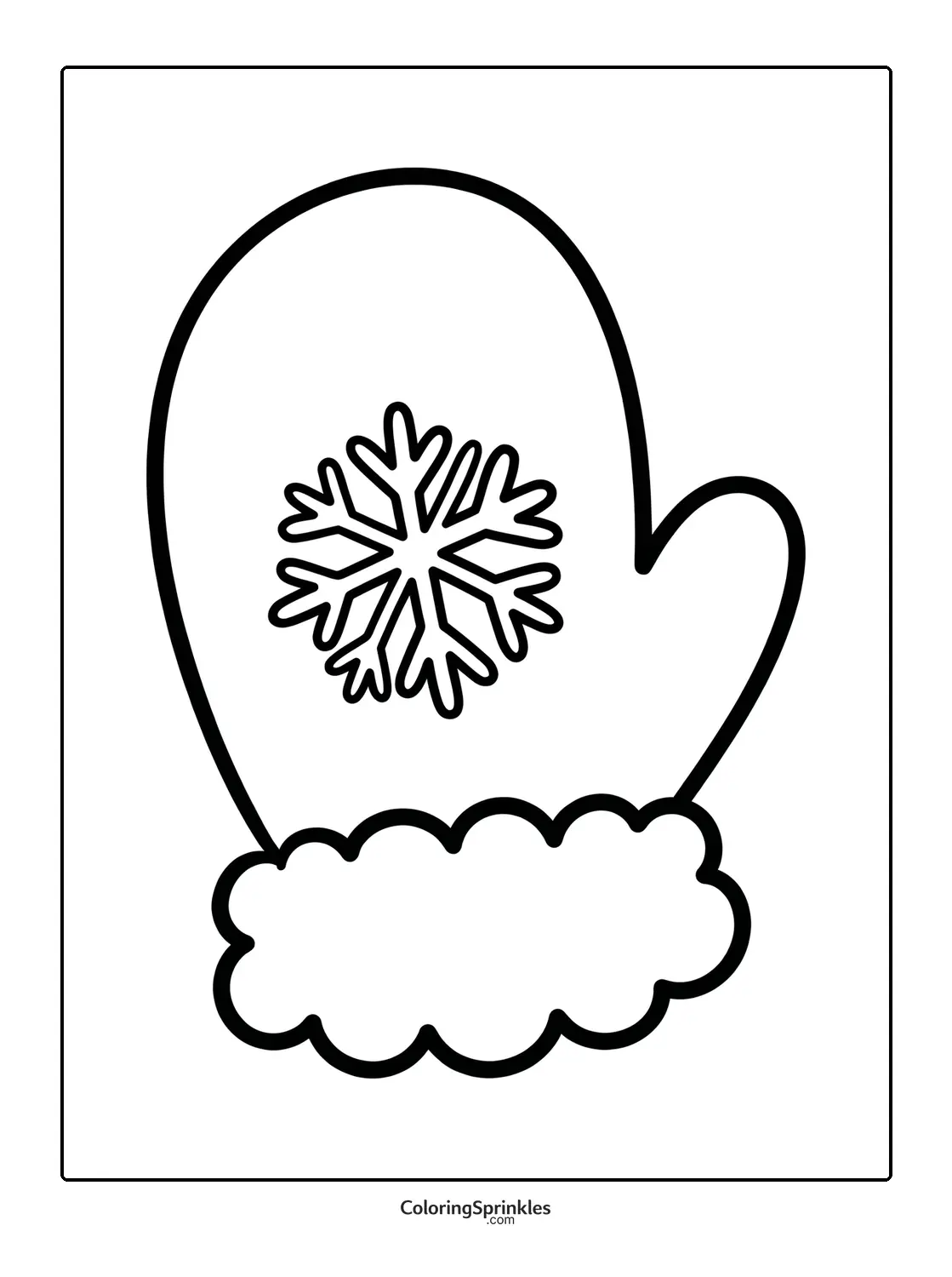 Coloring page of a winter mitten with a snowflake and fluffy cuff