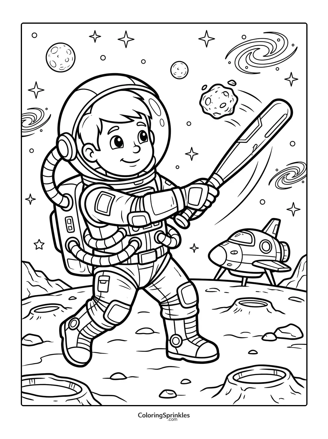Coloring page of an astronaut boy playing baseball on the moon