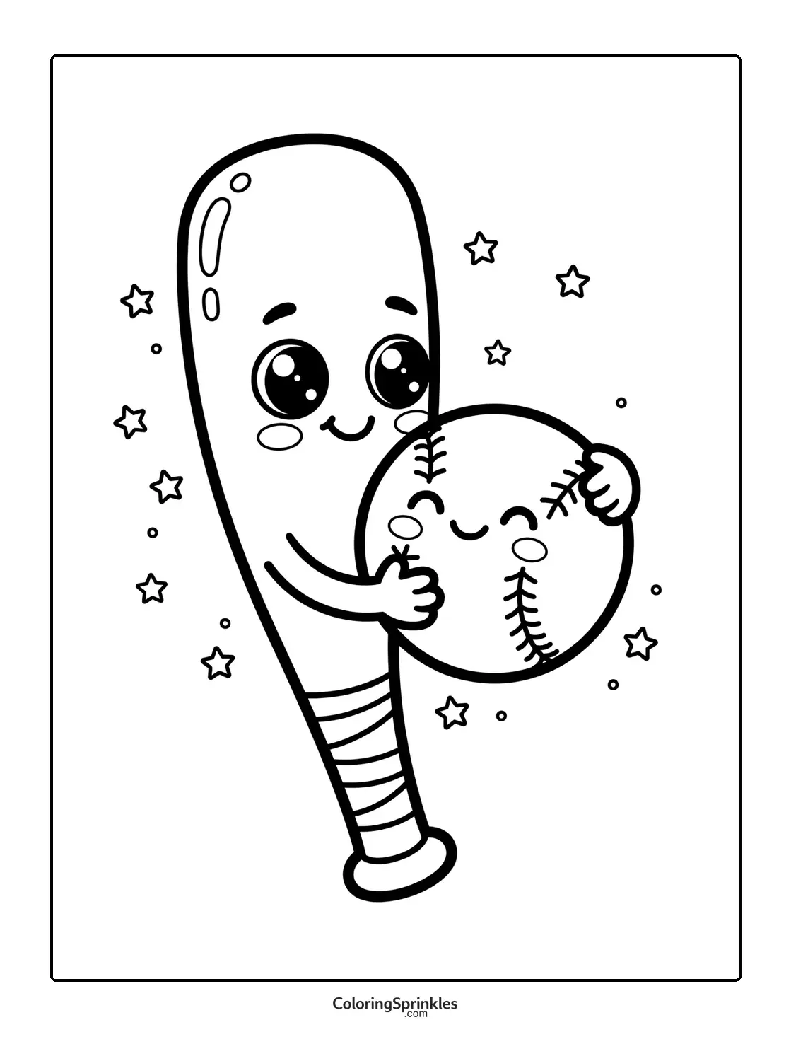 Coloring page of a kawaii baseball bat hugging a baseball with stars