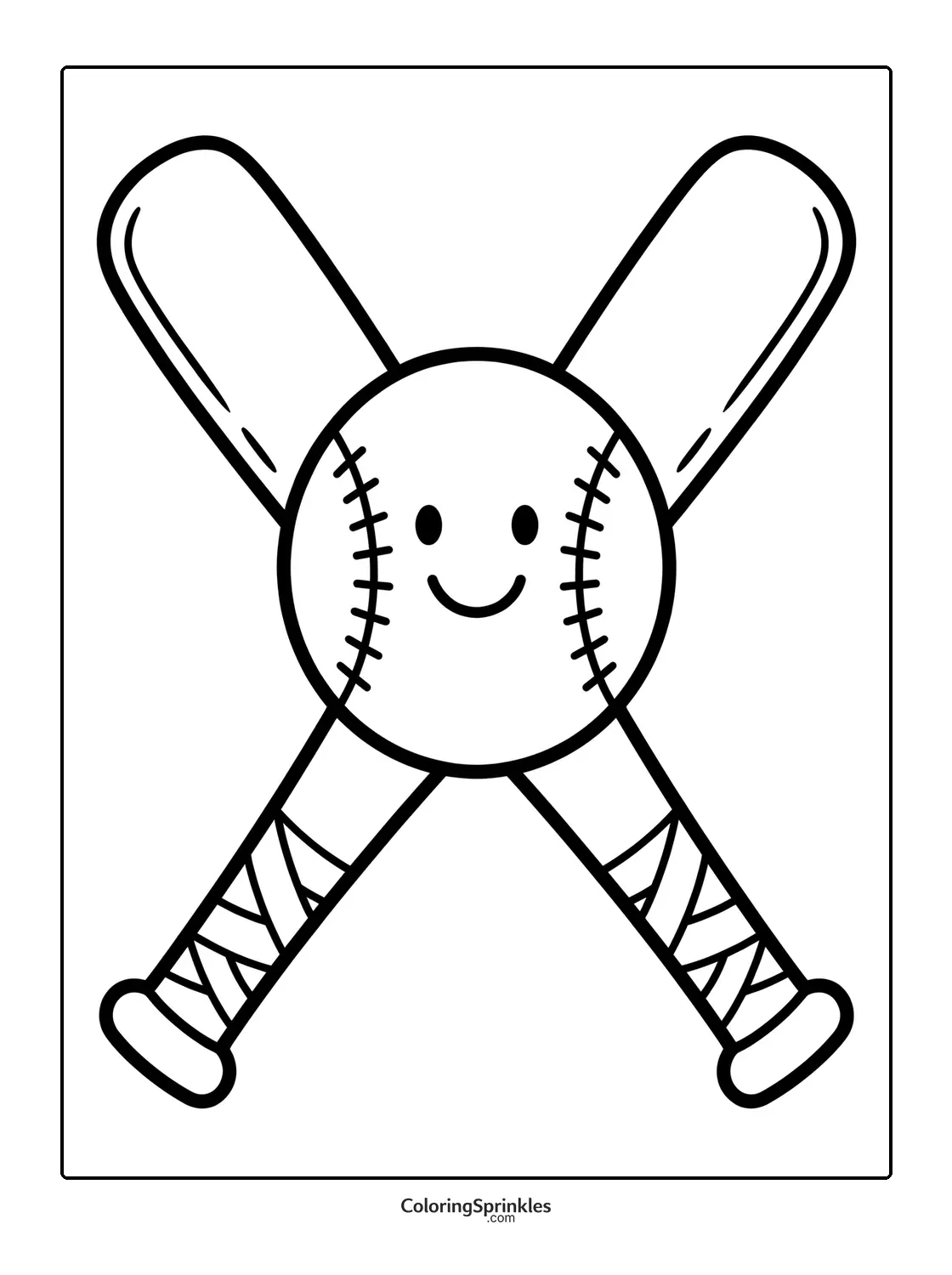Coloring page of two crossed baseball bats with a smiling baseball