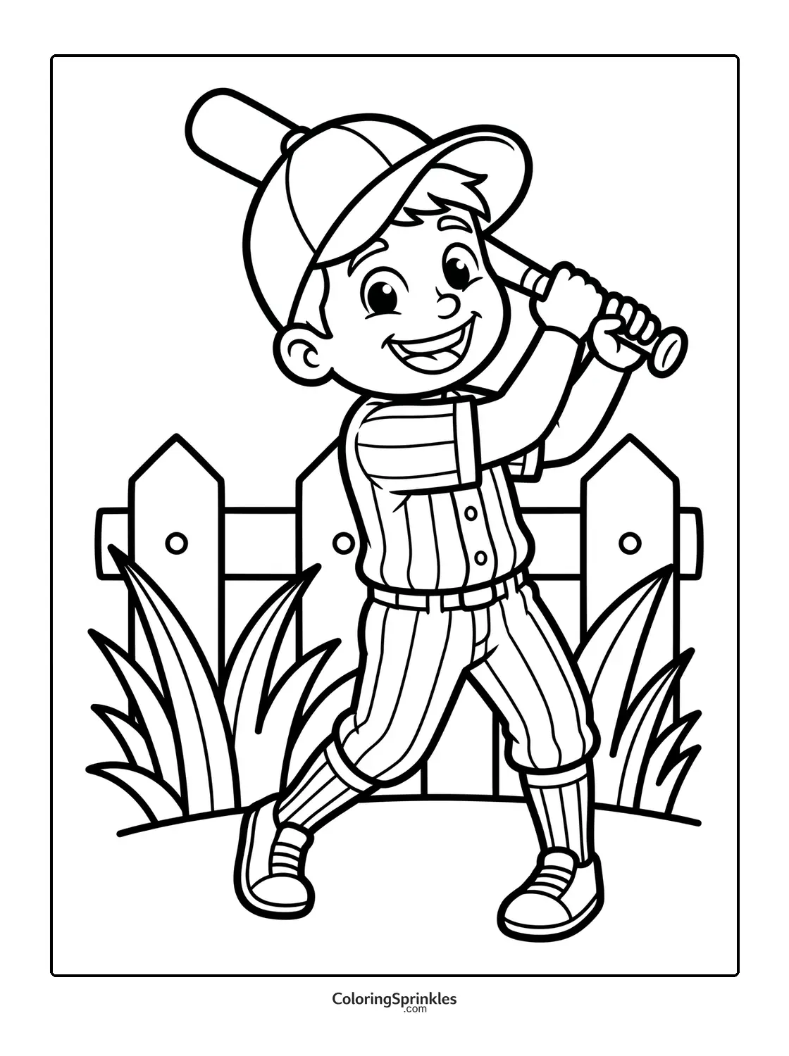 Coloring page of a boy batting in baseball near a fence and grass