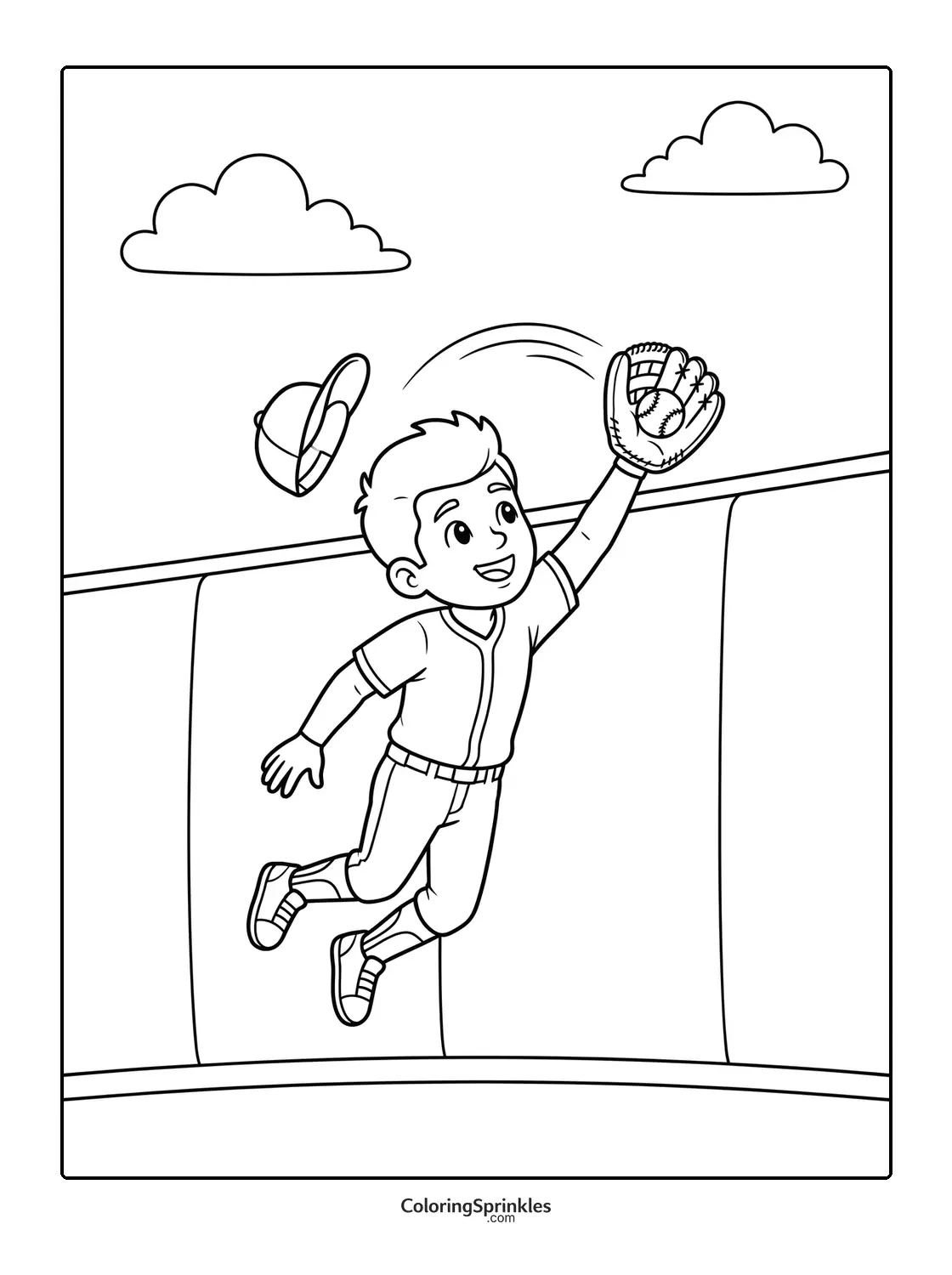 Coloring page of a baseball boy catching a ball in the outfield
