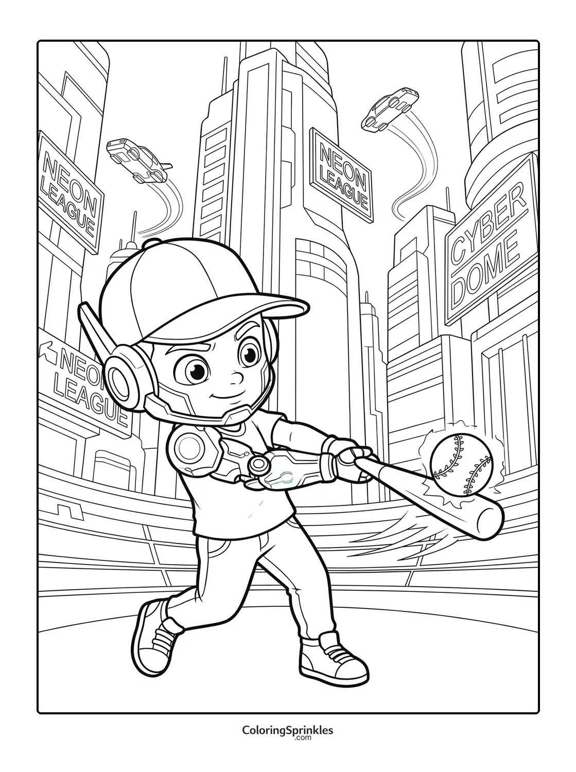 Coloring page of a boy playing baseball in a futuristic city