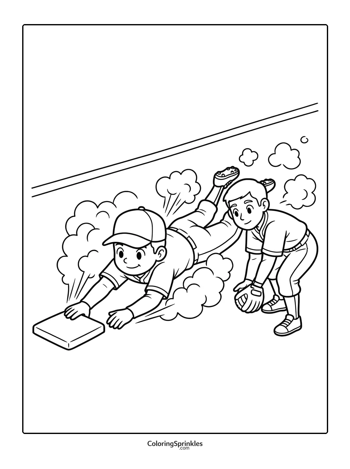 Coloring page of two boys playing baseball with one sliding to a base and the other catching