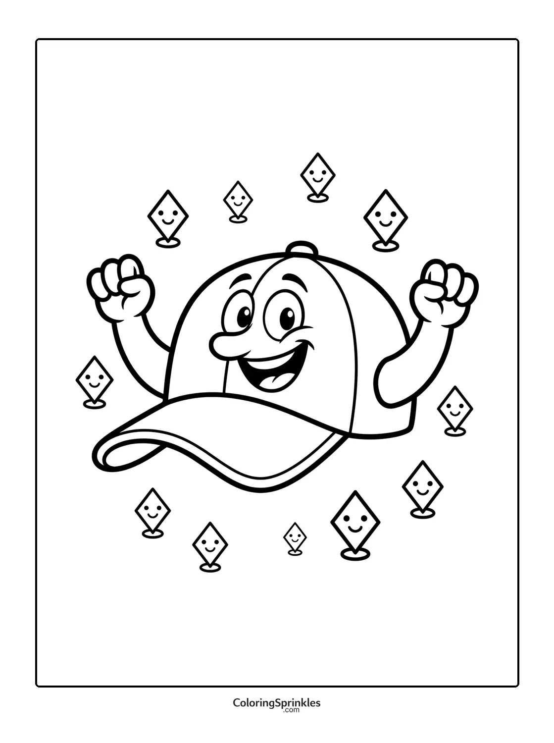 Coloring page of a happy baseball cap with arms and smiling faces