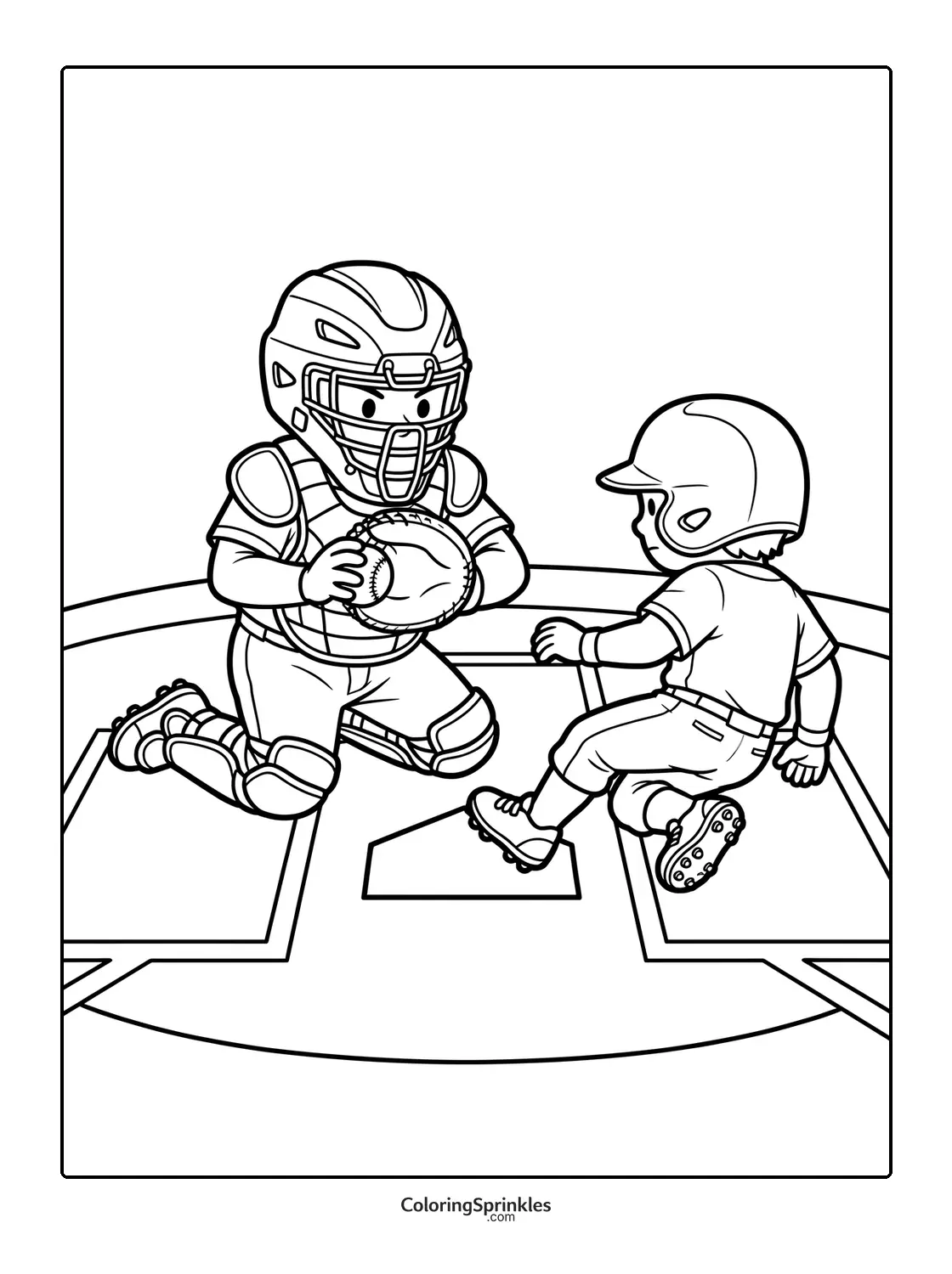 Coloring page of a baseball catcher tagging a runner at home plate