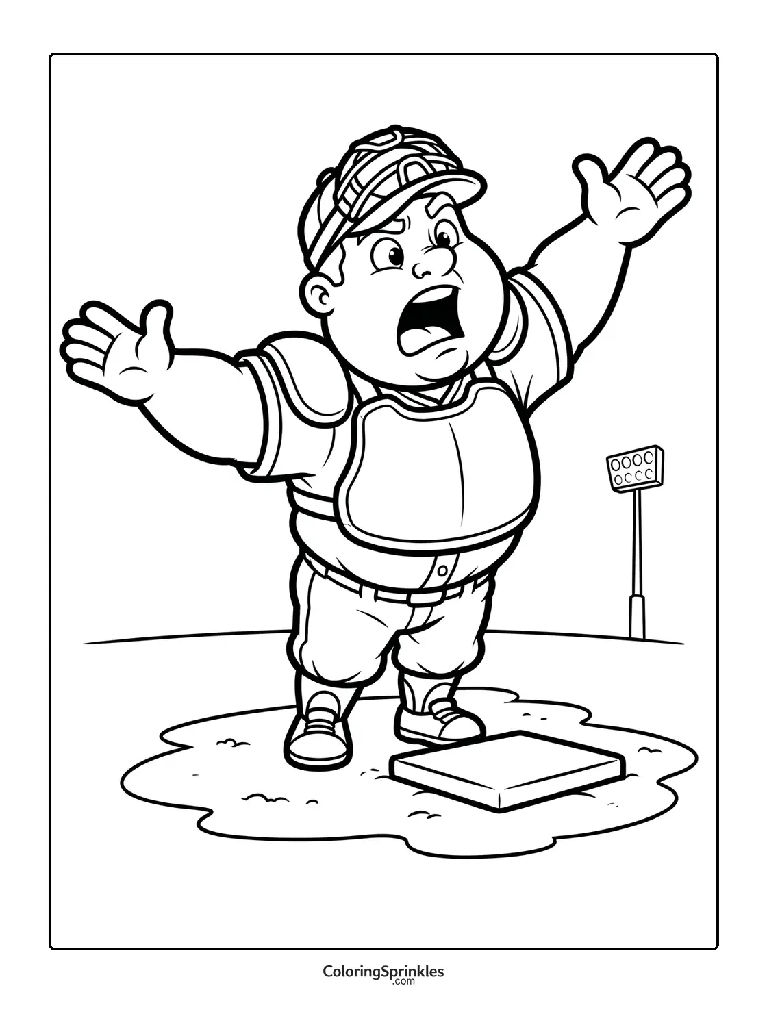 Coloring page of a baseball catcher making a gesture on the field