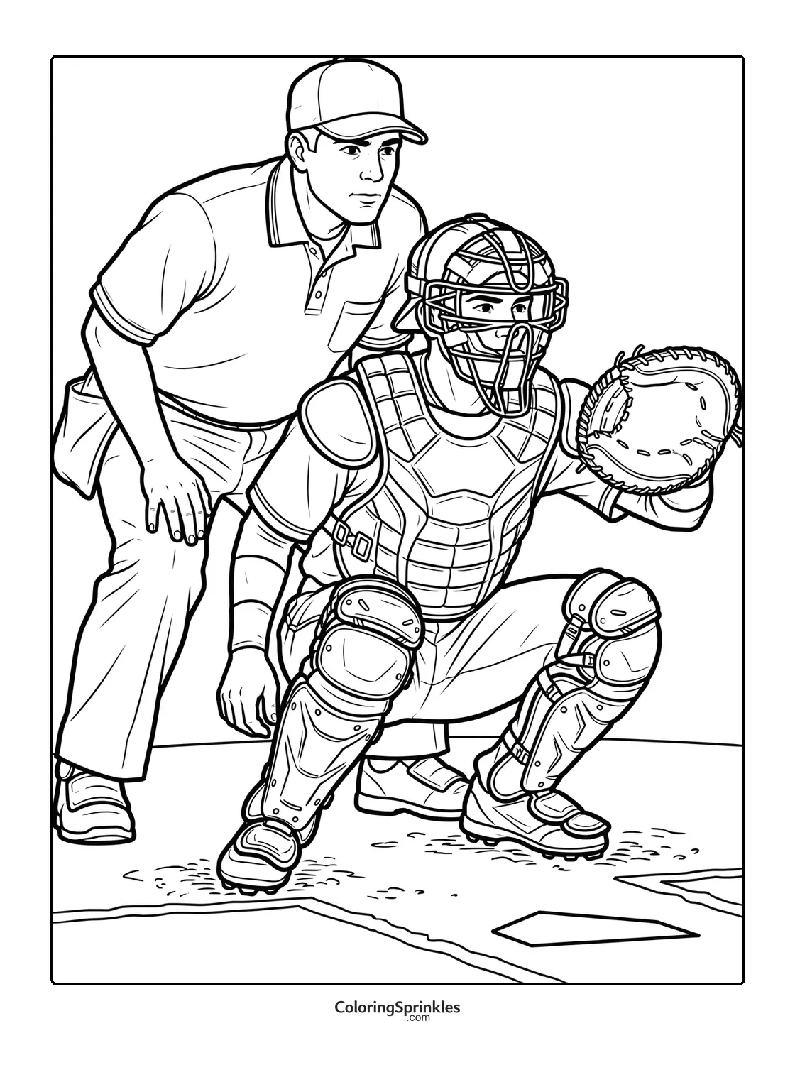 Coloring page of a baseball catcher and umpire at home plate
