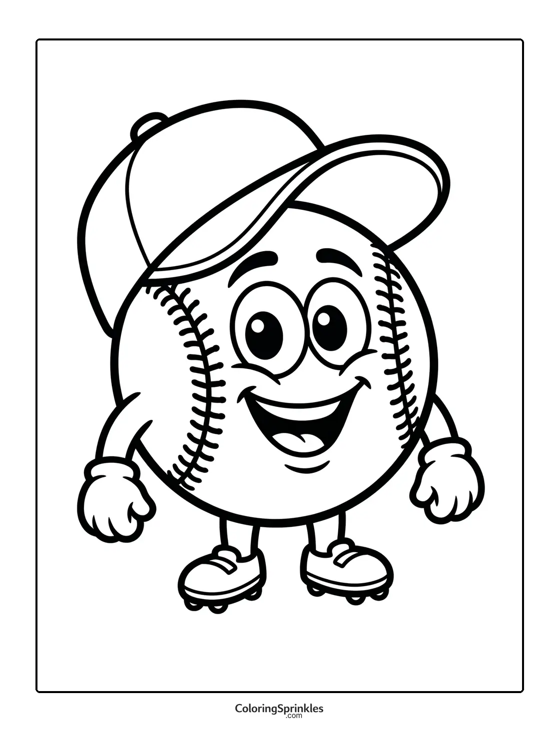 Coloring page of a happy baseball character wearing a cap and cleats