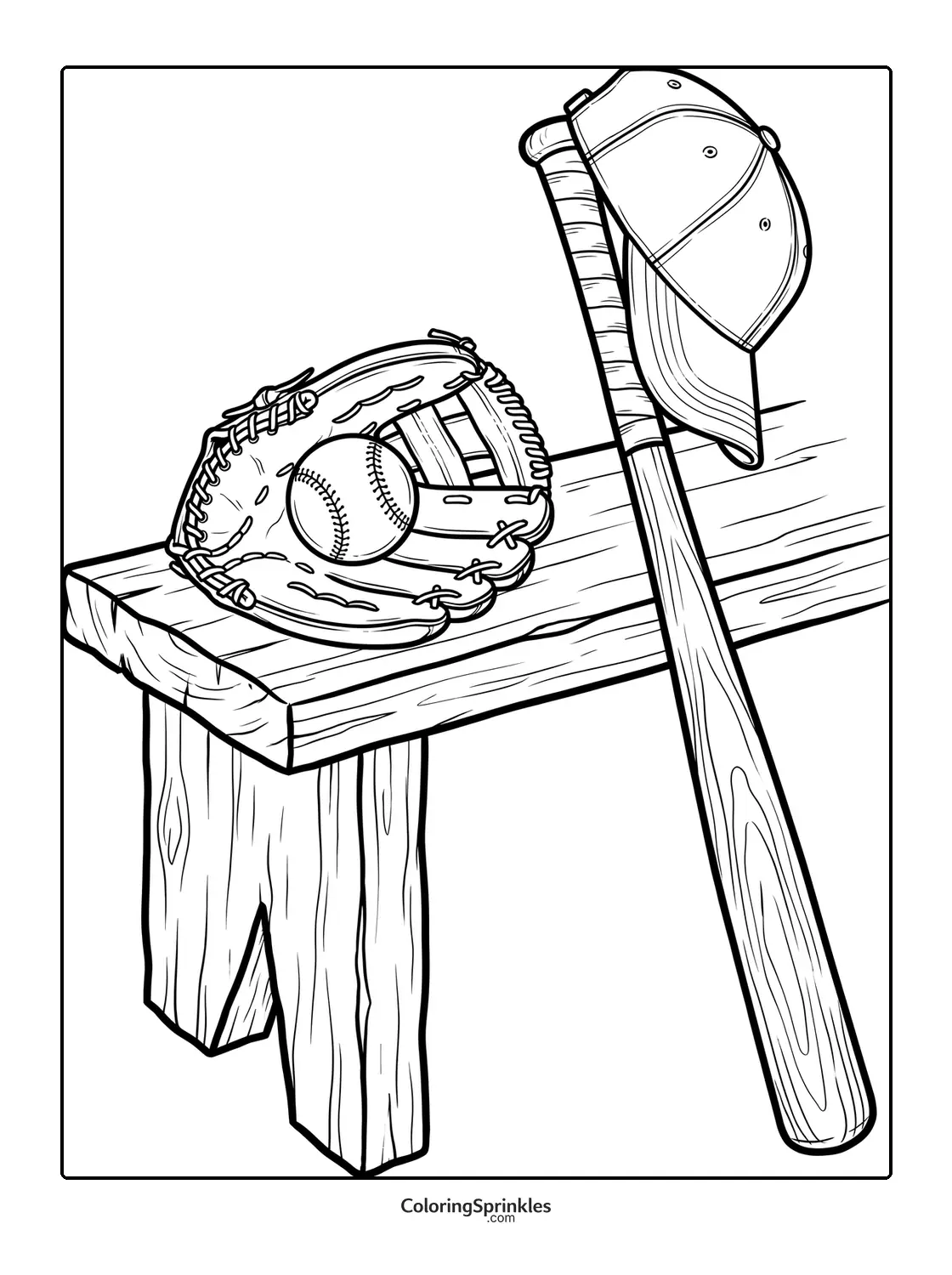 Coloring page of a baseball glove holding a ball on a wooden bench with a bat and cap